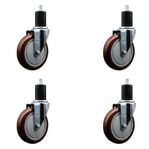 5'' Maroon Poly Wheel Swivel 1-3/4'' Expanding Stem Caster Set, 4PK